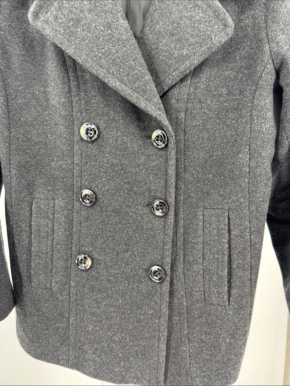 London Fog Women's Dark Charcoal Pea Coat L wool blend winter outdoors neutral